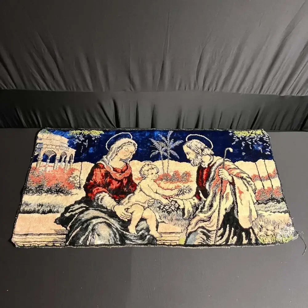 Vintage Velvety Tapestry Holy Family Mary Baby Jesus Joseph Rug Wall Hanging